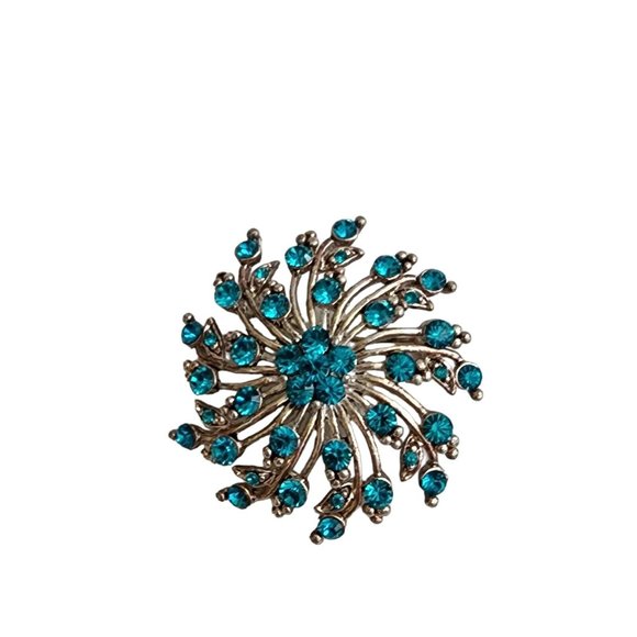 Vintage Turquoise Rhinestone Crystal Flower Swirl Blue Pin Brooch - Picture 14 of 16